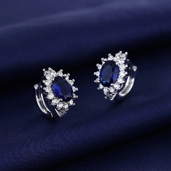 Diana Engagement Ring Oval Cut Sapphire Compass Set Hoop Blue Silver Earrings - Picture 1 of 16